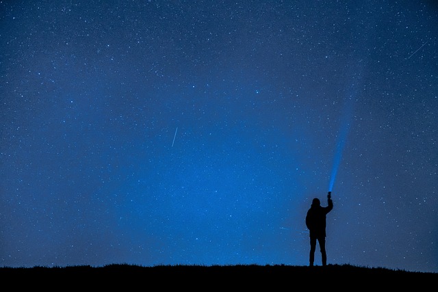 夜空の下で懐中電灯を持つ人