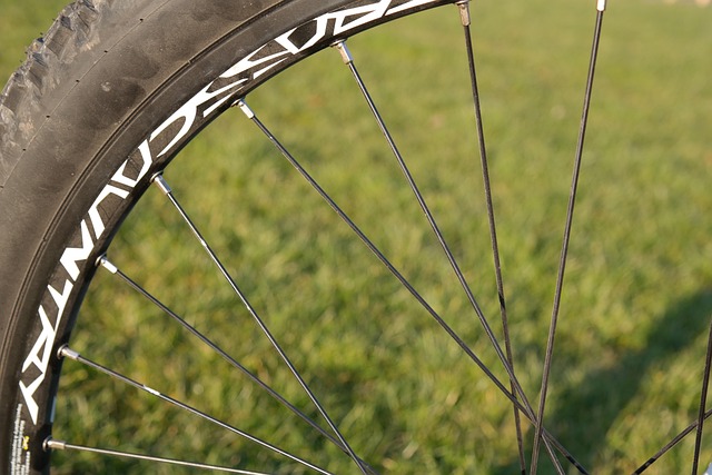 自転車のタイヤと空気入れのバルブ部分を拡大した画像