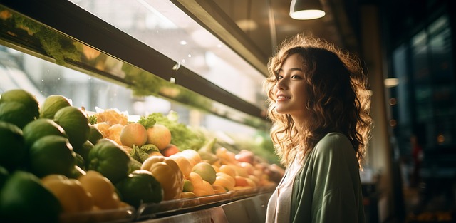 スーパーで食材を選ぶ女性の笑顔