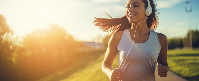 青空の下、笑顔でランニングを楽しむ女性