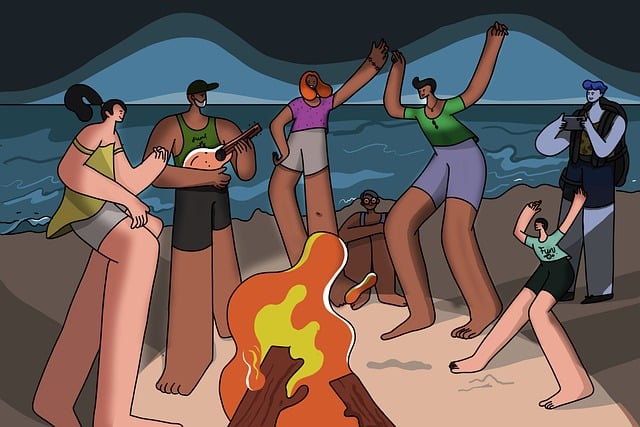 焚き火を囲んで笑顔で語り合う家族