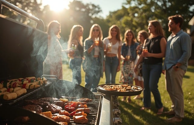 青空の下、屋外でBBQグリルを囲んで楽しむ人々
