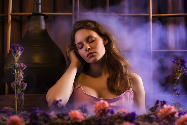 アロマの香りに包まれリラックスしている女性