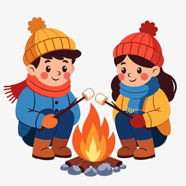 冬のキャンプ場で焚き火を囲む暖かそうな服装の家族