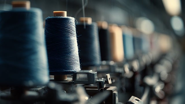 ミシンと布、糸が整然と並べられた様子