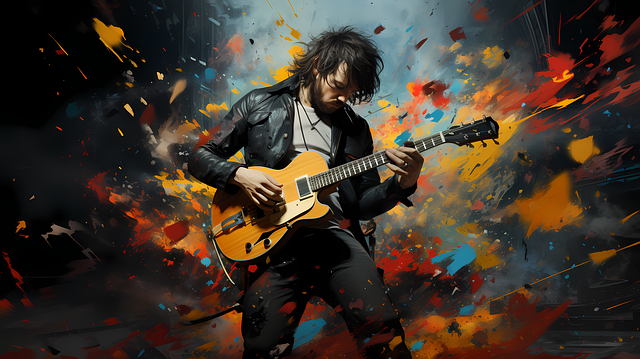 バンドでベースを演奏し、楽しんでいる様子