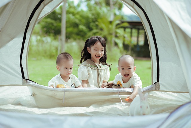 キャンプ道具が並べられた準備中のテントサイト