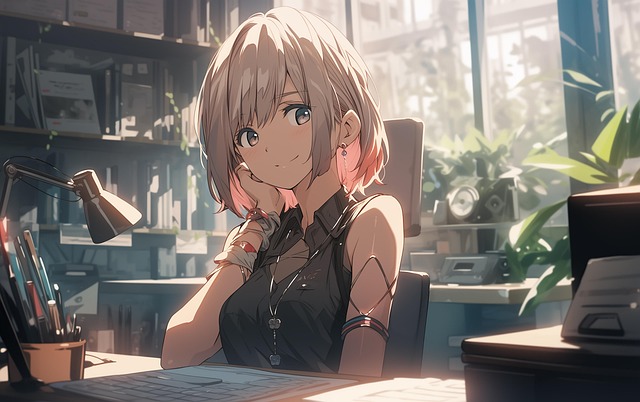 カフェでノートパソコンのトラックパッドを笑顔で操作する女性