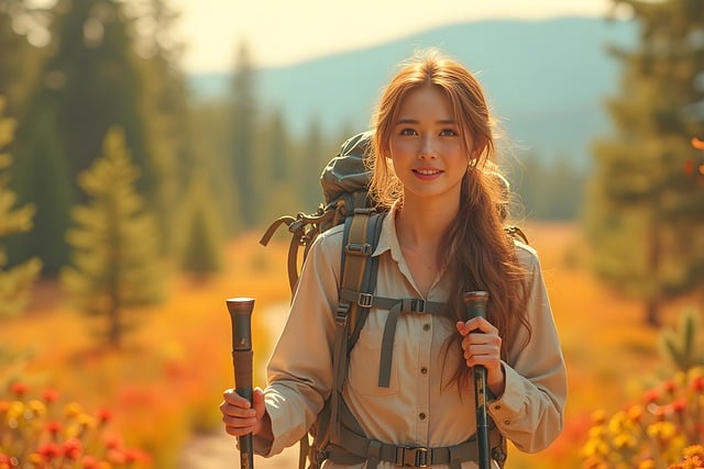 トレッキングポールを手に山道を歩くハイカー